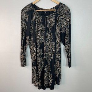 Lucky Brand Top 2X Black Beige Boho Keyhole Neck 3/4 Sleeve Blouse Women's